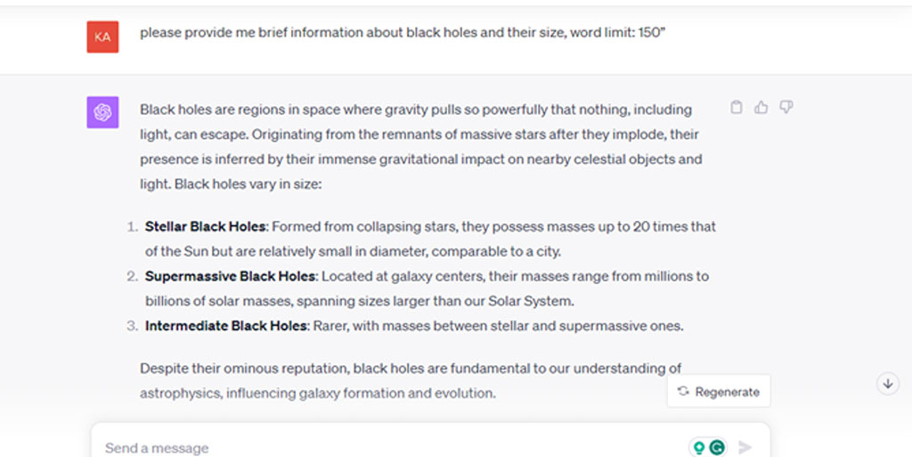 Please provide me brief information about black holes and their size, word limit